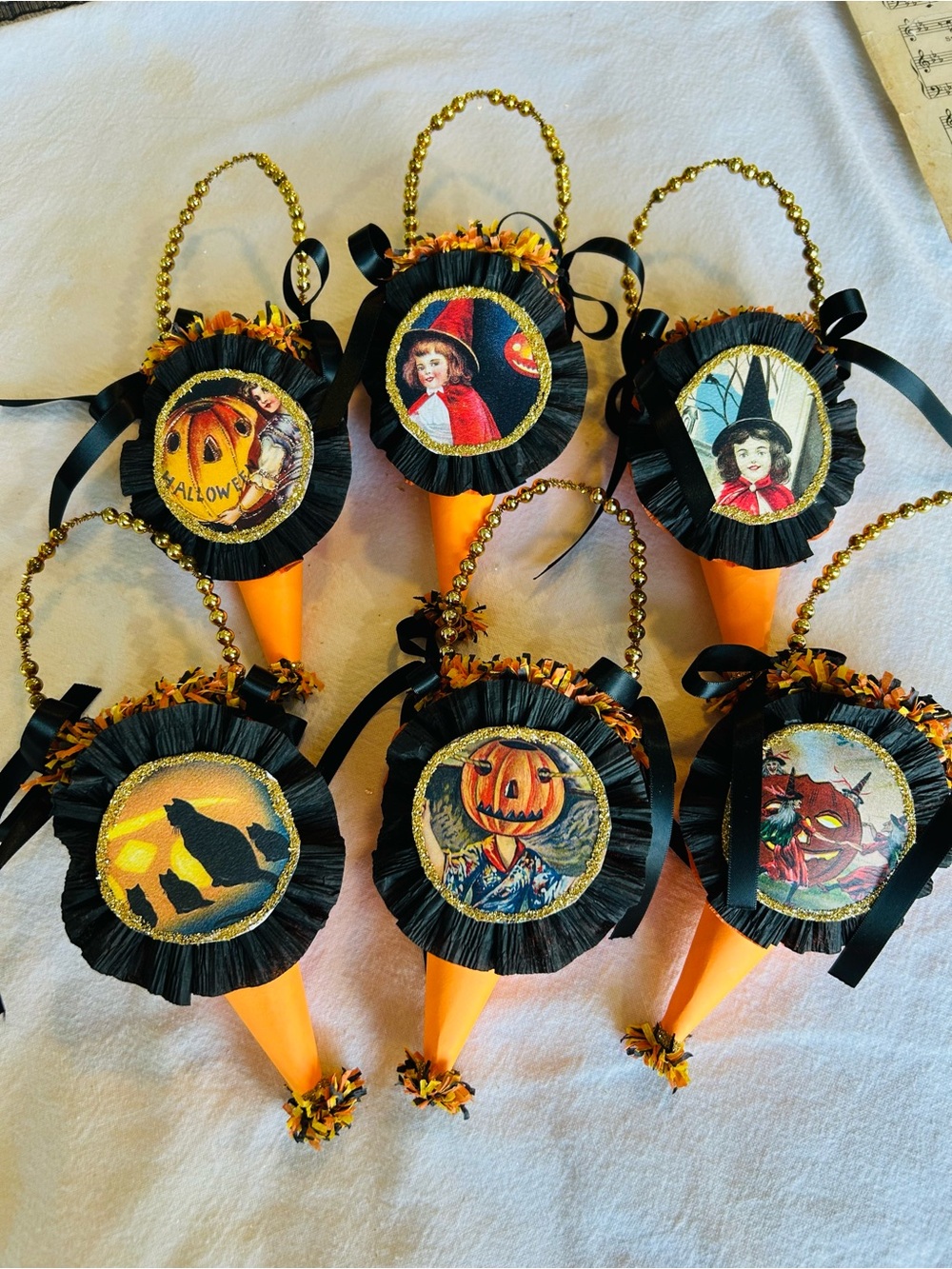 6 Vintage repurposed holiday Halloween Candy Cone Ornaments